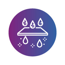 Icon showing water droplets with dollar signs passing through a filter, turning into clean droplets below, on a purple and blue gradient circle background.